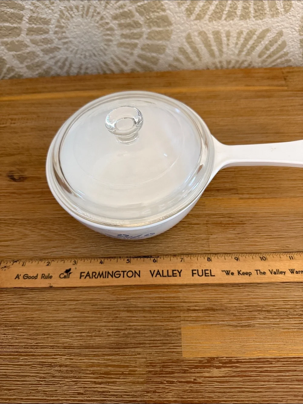 Vintage Corningware White Saucepan with Blue Floral Pattern and Glass Lid